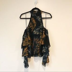 Olivaceous Cold Shoulder Leaf Print High Neck Top